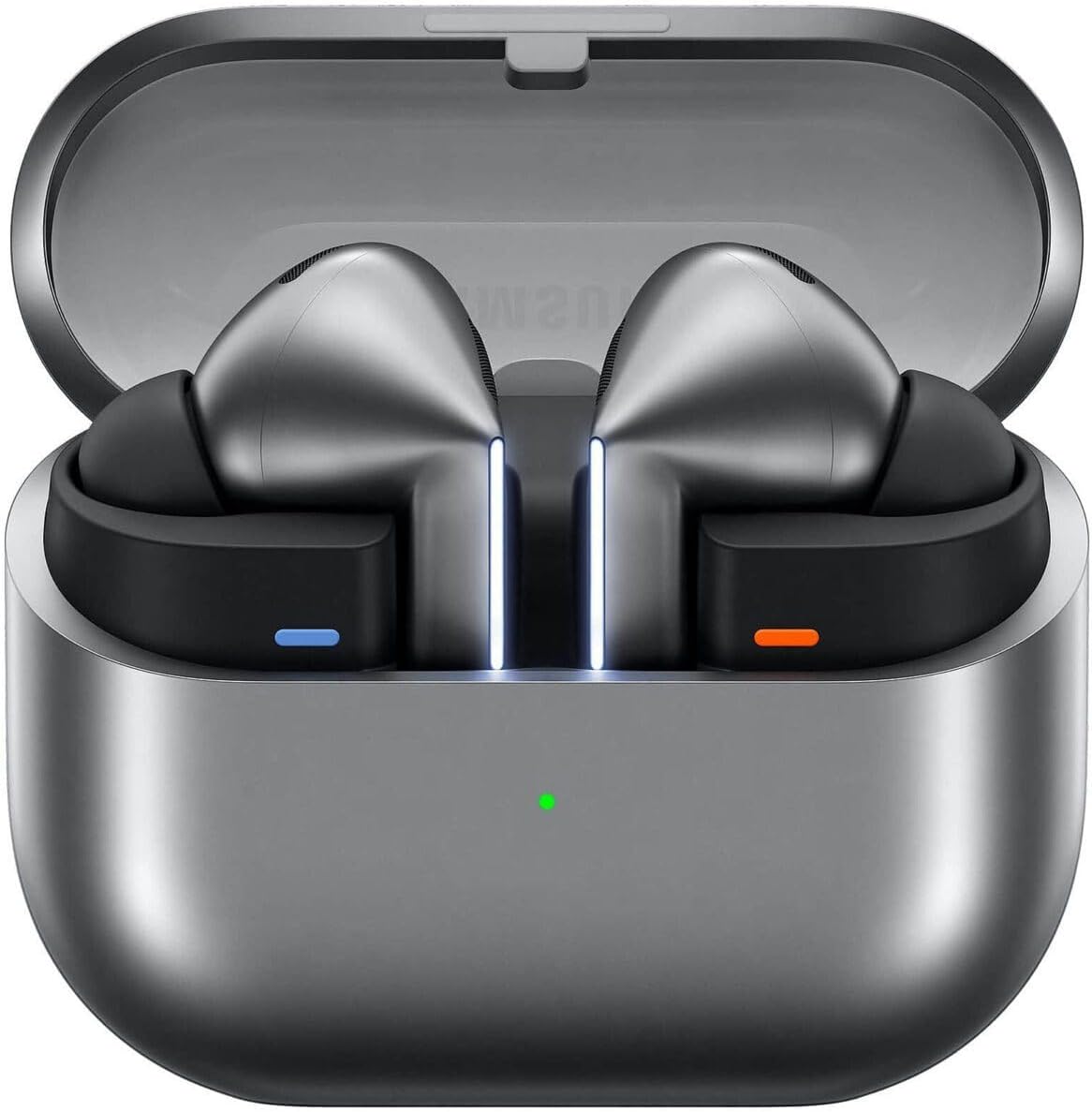 Samsung Galaxy Buds 3 Pro earbuds and charging case on a desk during testing
